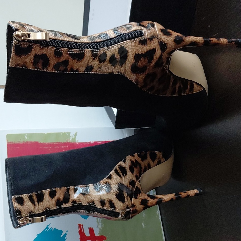 Sleek & Sophisticated Leopard & Black Ankle High Heel Bootie (Nubuck /Patent)
